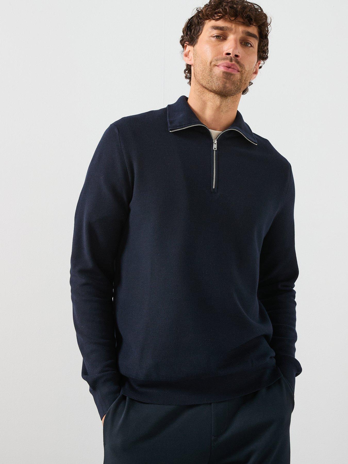 Mango Ten Cotton Pique 1/4 Zip Knitted Jumper - Navy