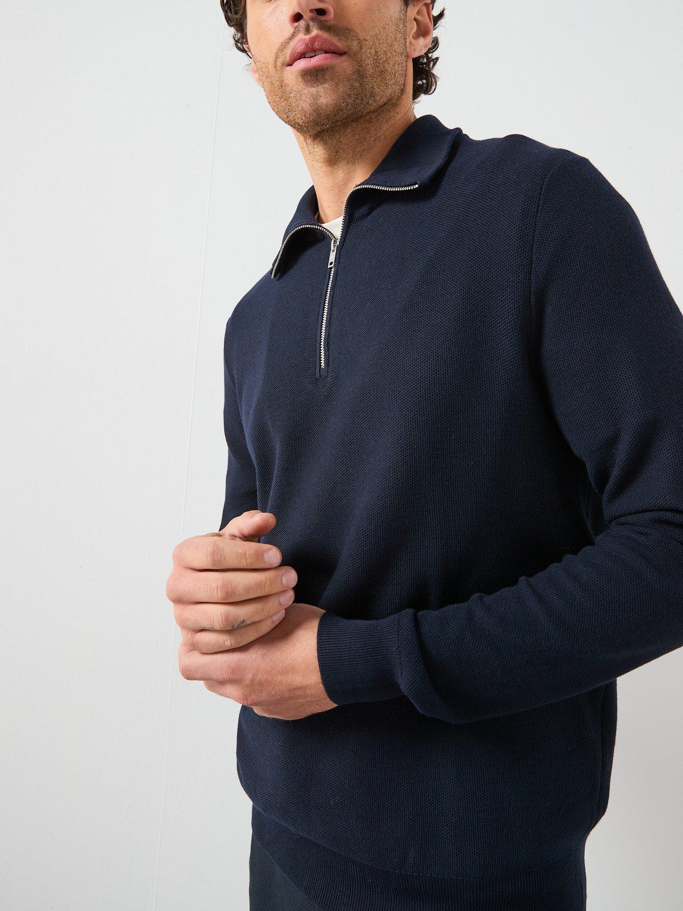 Mango Ten Cotton Pique 1/4 Zip Knitted Jumper - Navy | Very