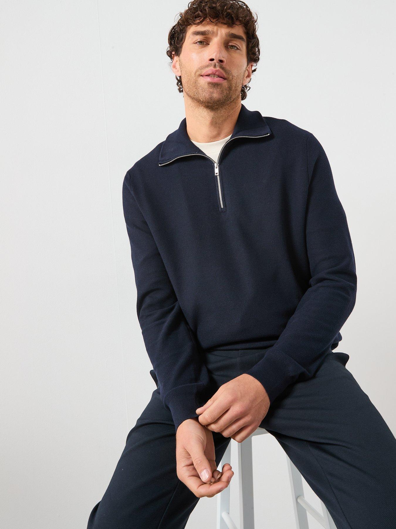 Mango Ten Cotton Pique 1/4 Zip Knitted Jumper - Navy | Very