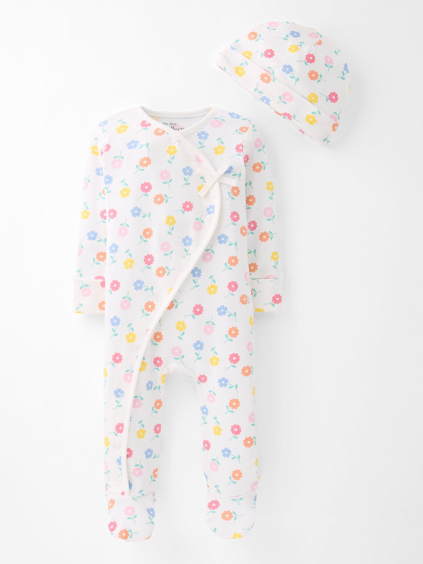 The Very Collection Floral Print Sleepsuit  &  Hat Set - White