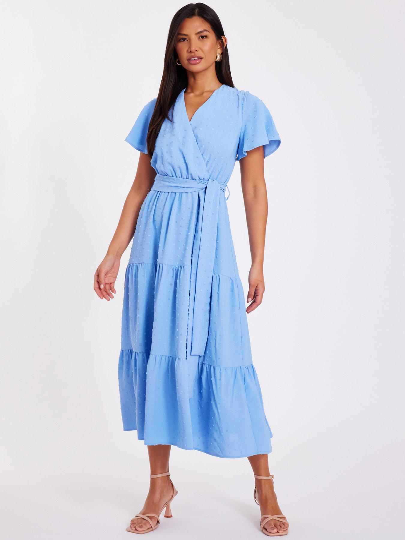 undefined Blue Dobby Tiered Midi Dress