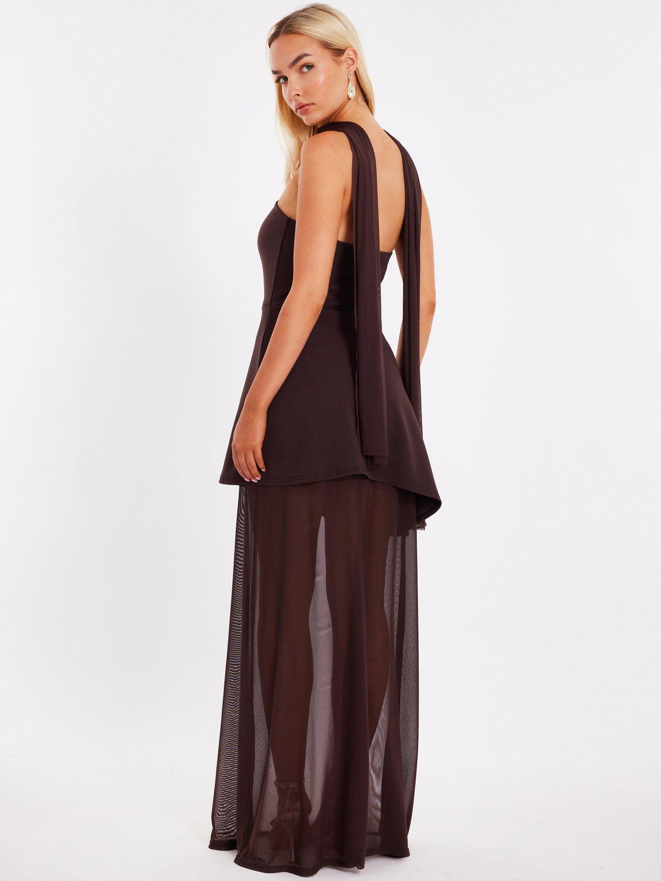 Image 2 of 6 of Quiz Brown Bandeau Mesh Skirt Maxi Dress
