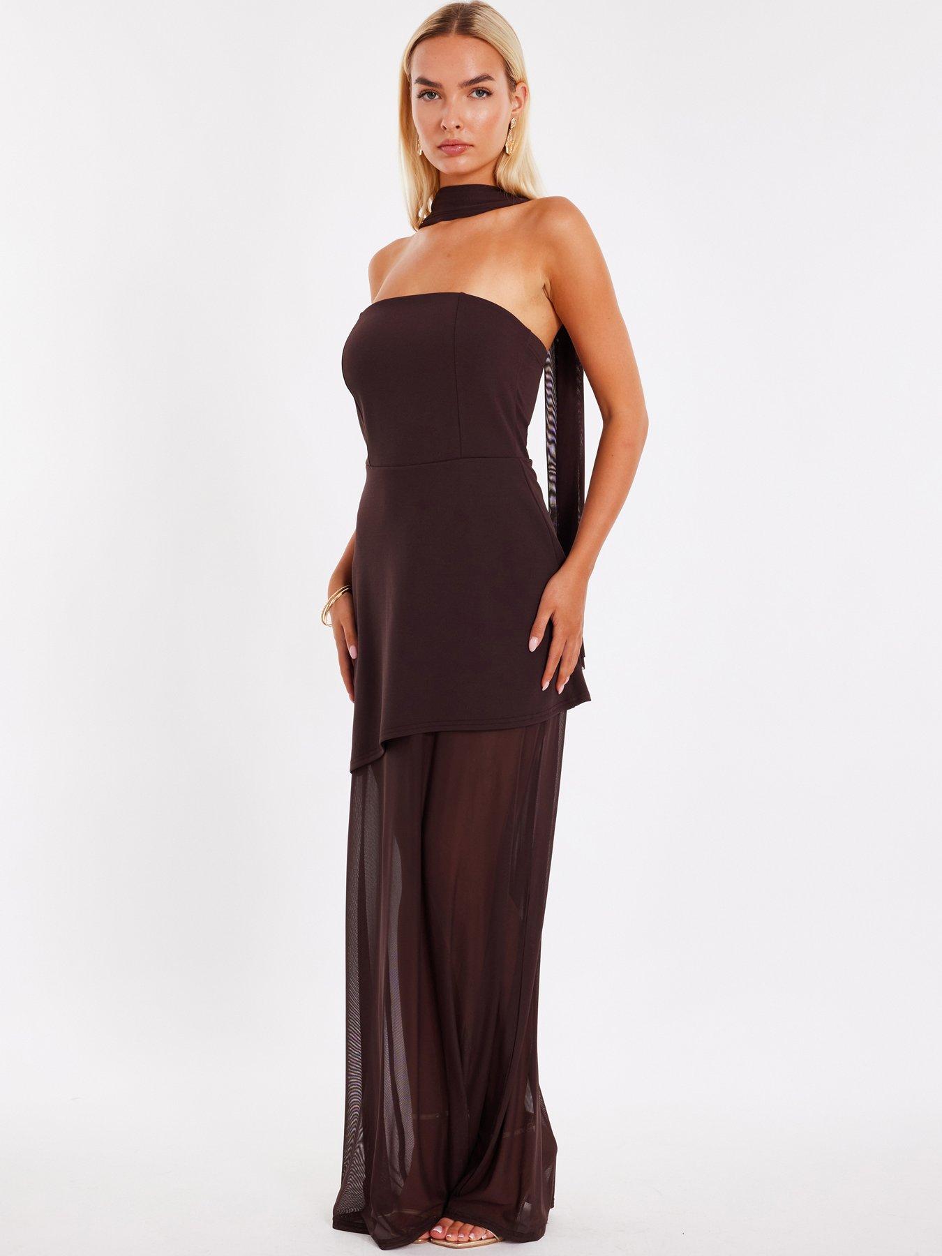 Image 3 of 6 of Quiz Brown Bandeau Mesh Skirt Maxi Dress