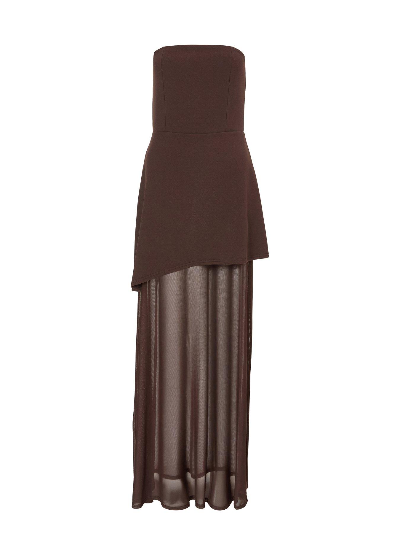 Image 5 of 6 of Quiz Brown Bandeau Mesh Skirt Maxi Dress