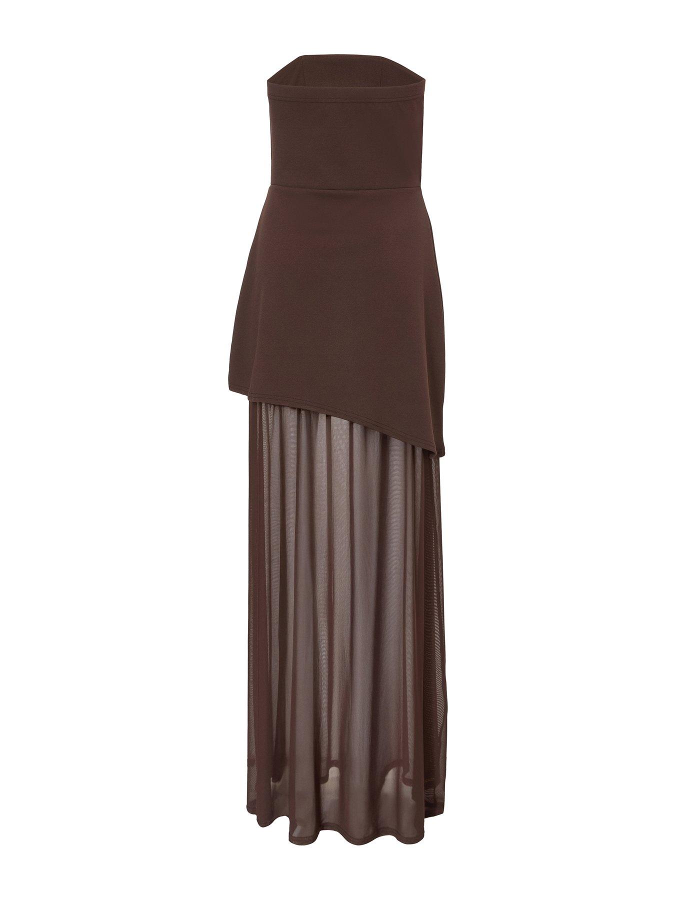 Image 6 of 6 of Quiz Brown Bandeau Mesh Skirt Maxi Dress