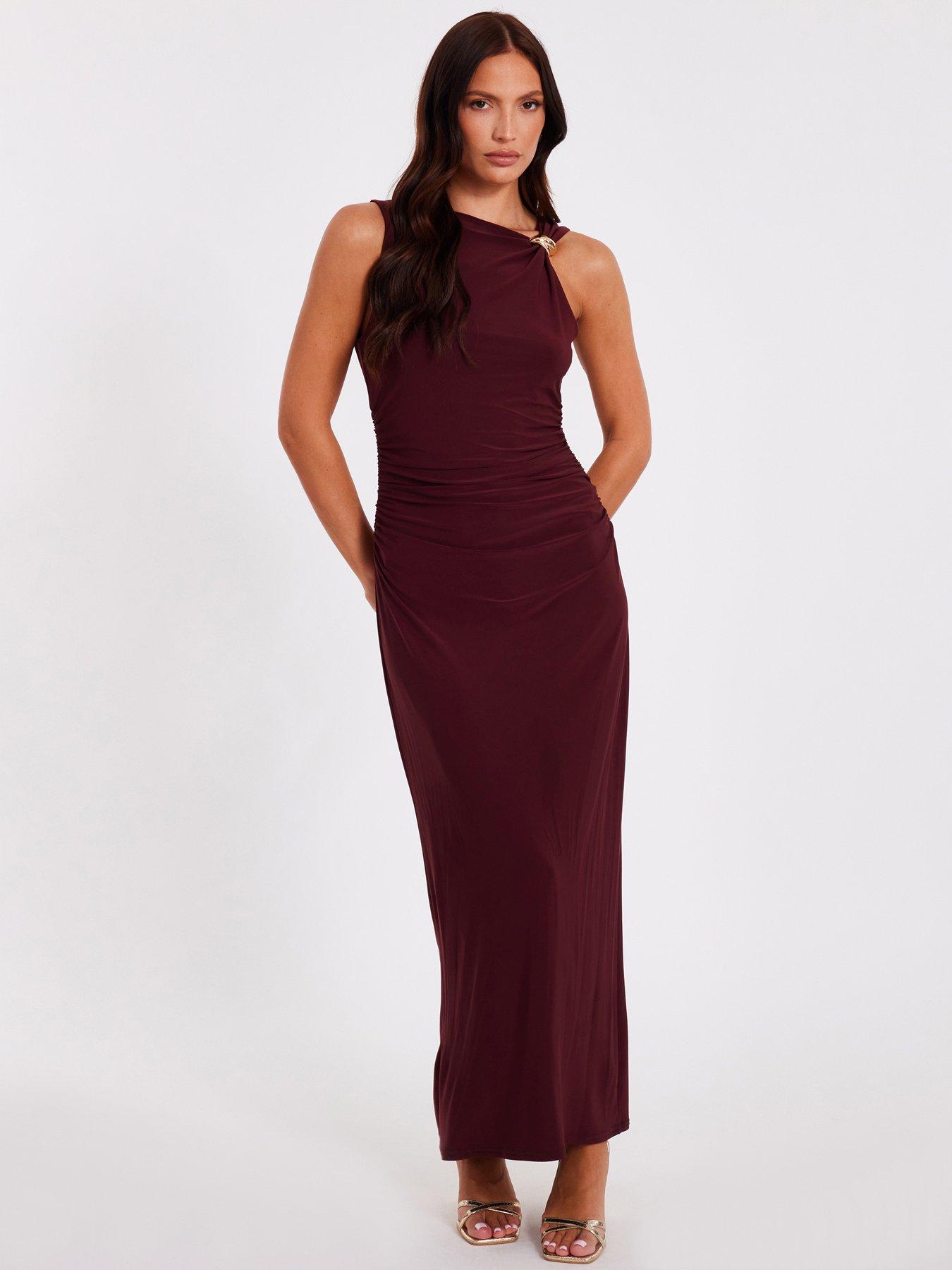 undefined Dark Red Gold Buckle Midaxi Dress