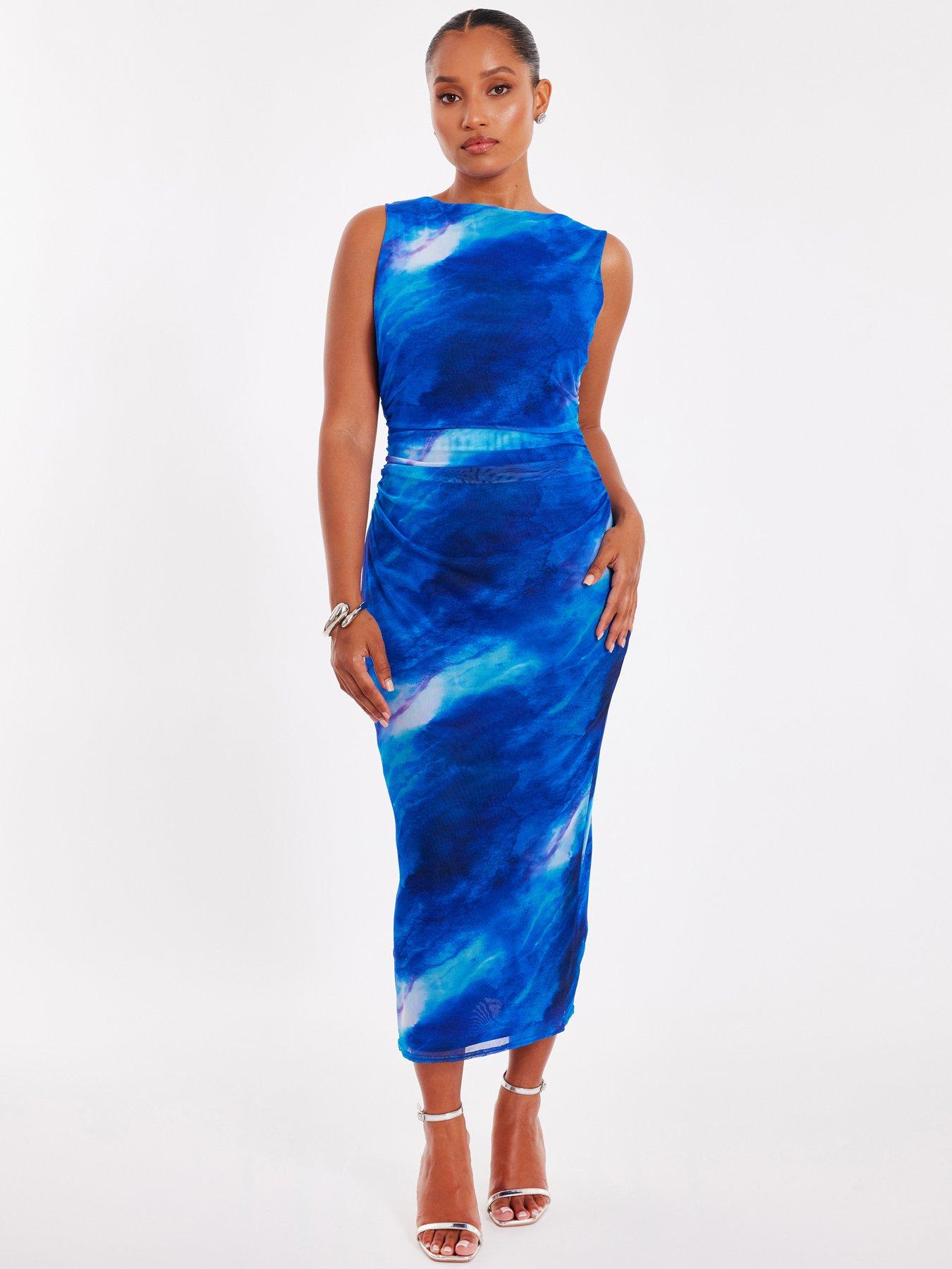 blue marble bodycon dress Blue White Marble Print Spaghetti Strap Sleeveless Cowl Neck Dress – Wear .Style
