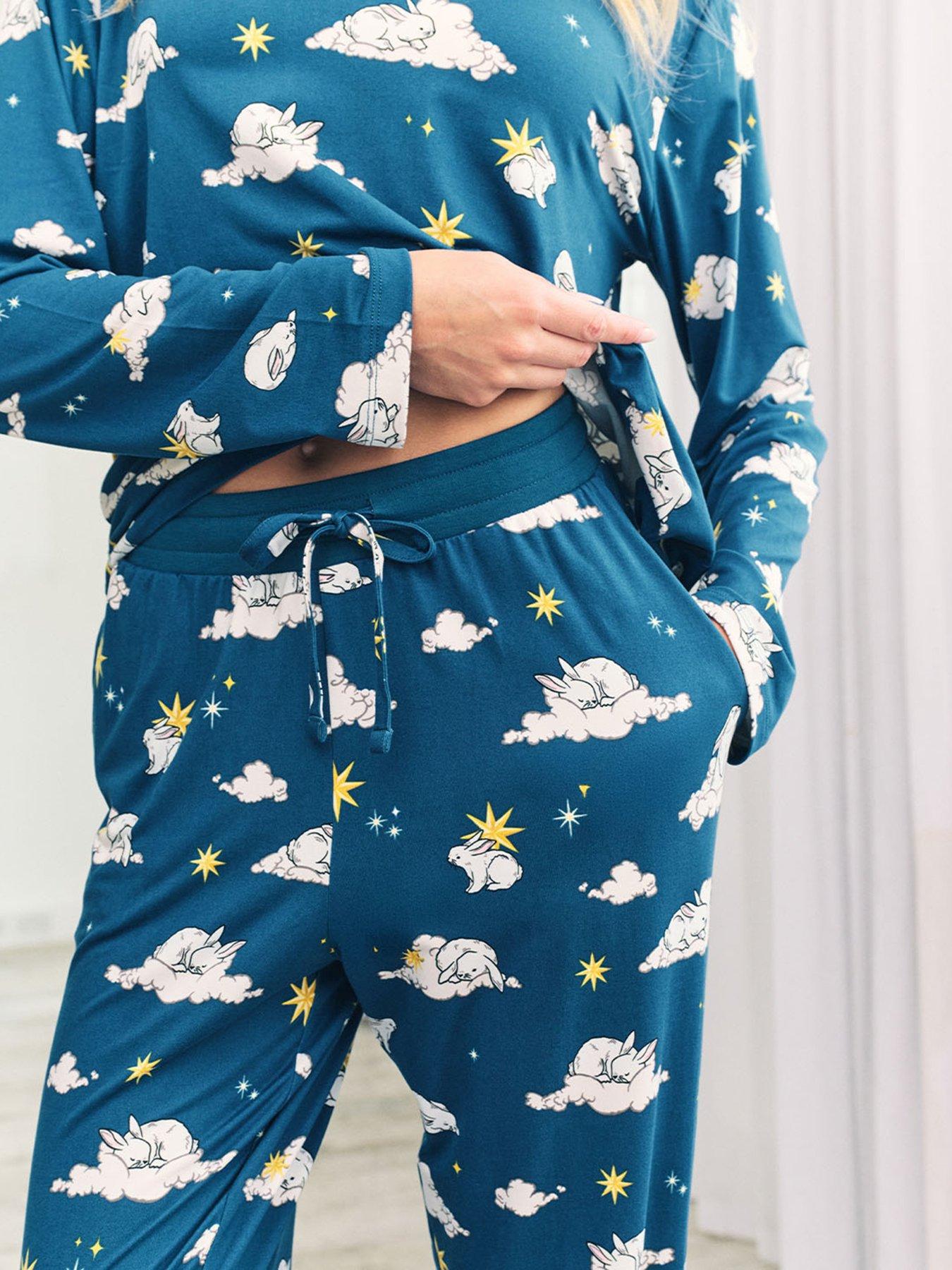 Image 3 of 6 of CHELSEA PEERS Long Sleeve Crew Neck Set With Sleeping Bunny Print In Polyester - Teal