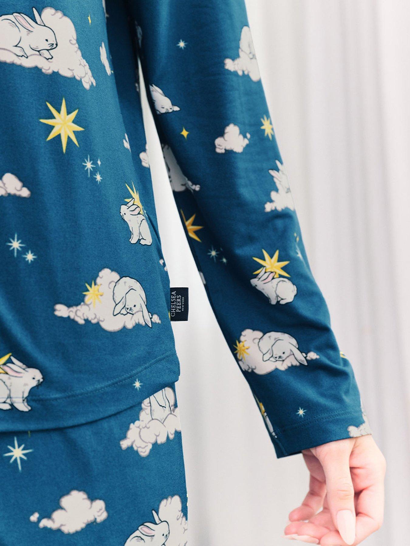 Image 6 of 6 of CHELSEA PEERS Long Sleeve Crew Neck Set With Sleeping Bunny Print In Polyester - Teal