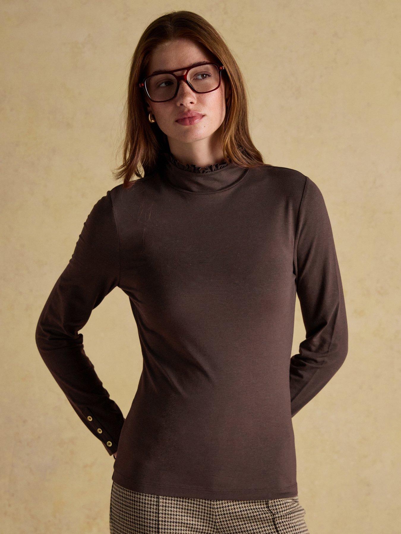 Joules Long Sleeve High Neck Jersey Top - Chocolate Brown