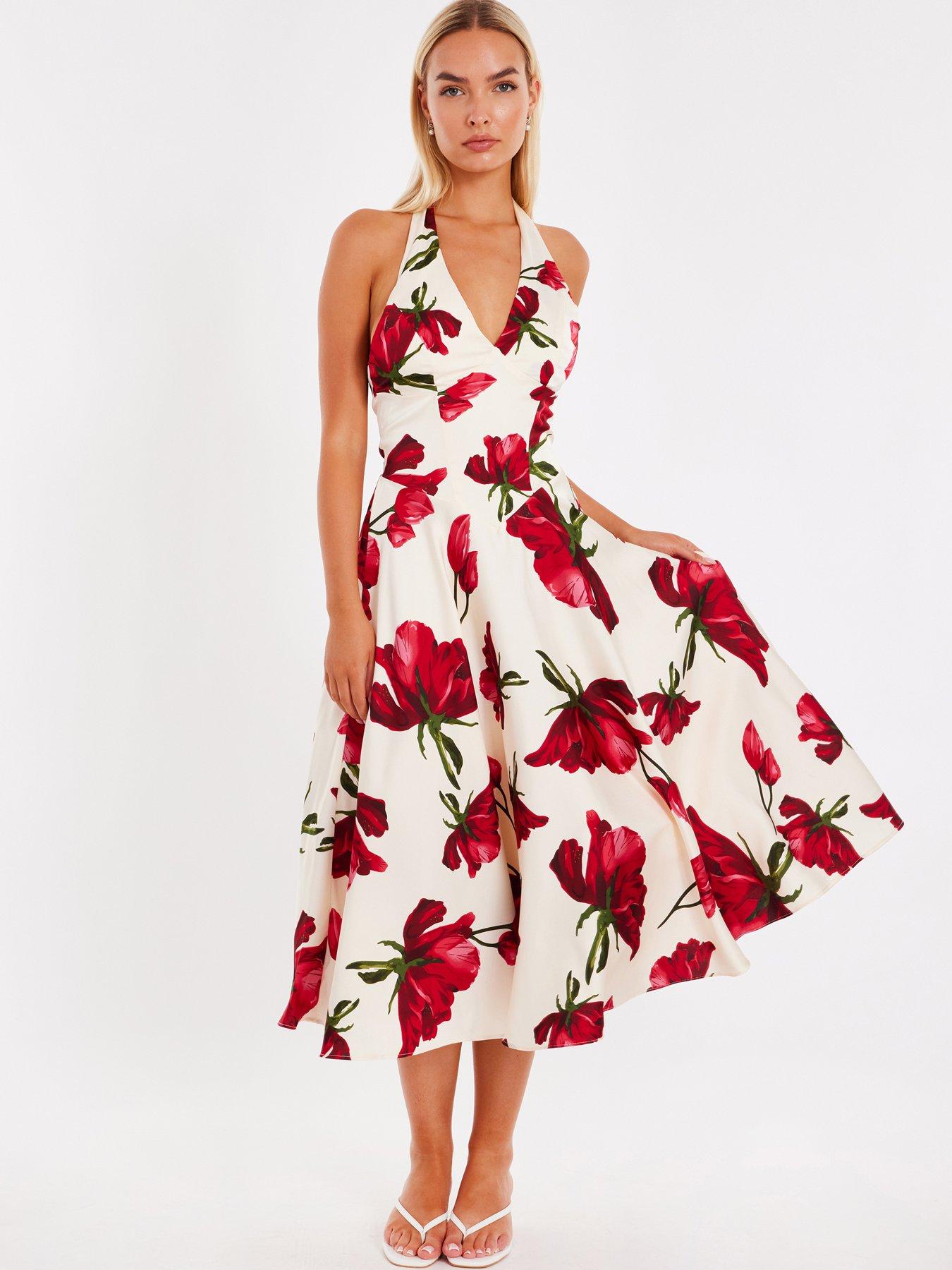 undefined Petite Cream Satin Rose Print Midi Dress