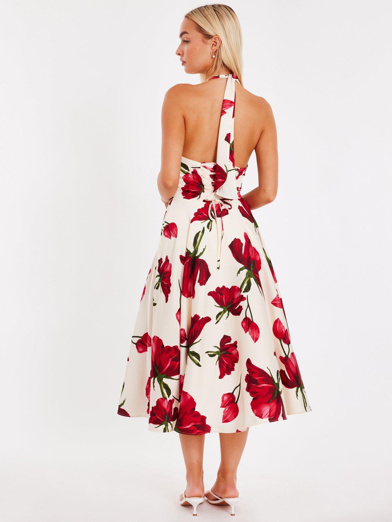 Image 2 of 6 of Quiz Petite Cream Satin Rose Print Midi Dress