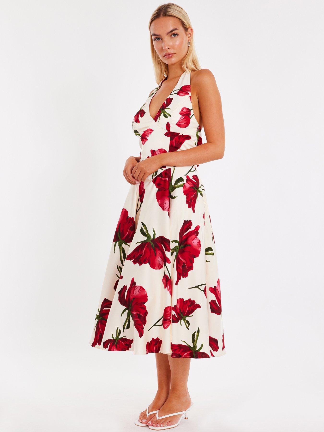 Image 3 of 6 of Quiz Petite Cream Satin Rose Print Midi Dress