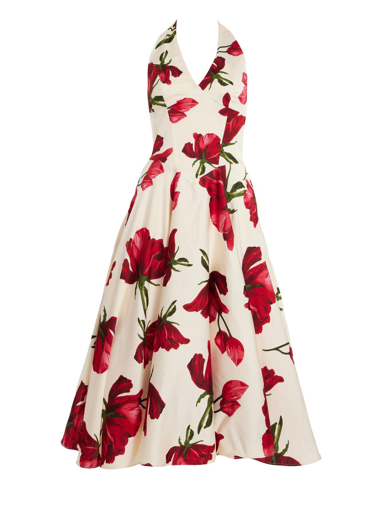 Image 4 of 6 of Quiz Petite Cream Satin Rose Print Midi Dress