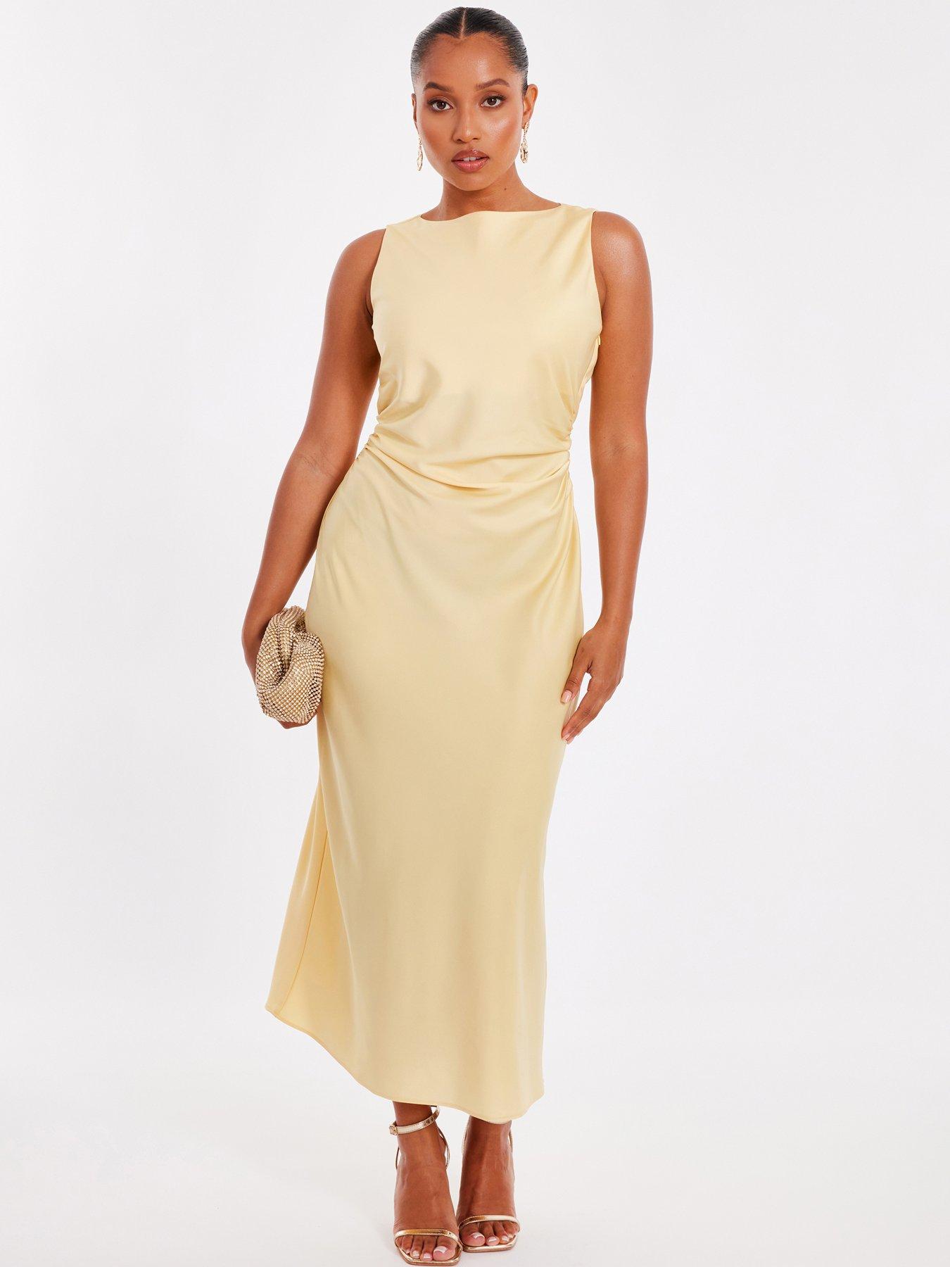 Quiz Petite Light Yellow Satin Ruched Midi Dress | Very