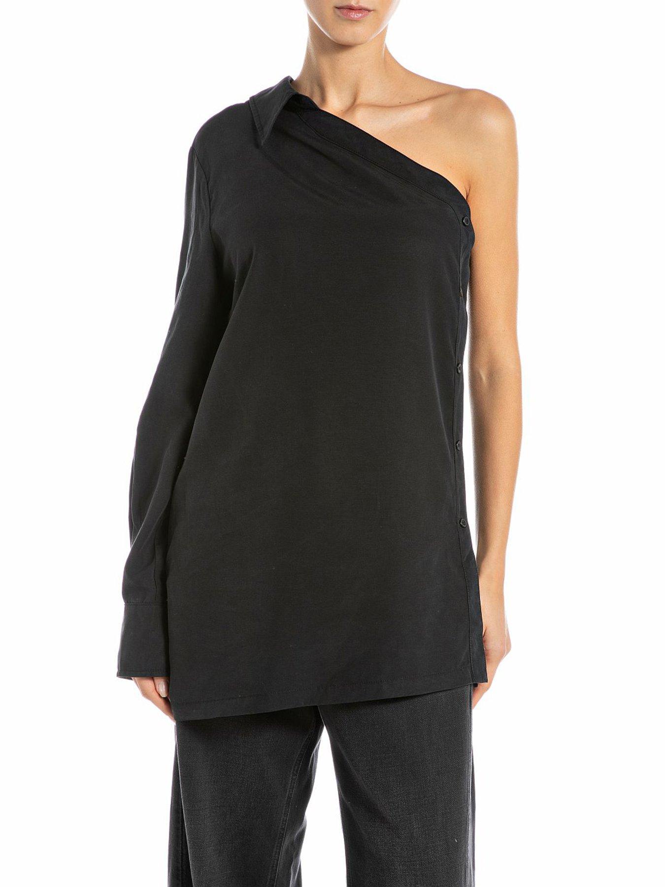 Replay One Shoulder Linen Blend Blouse - Black