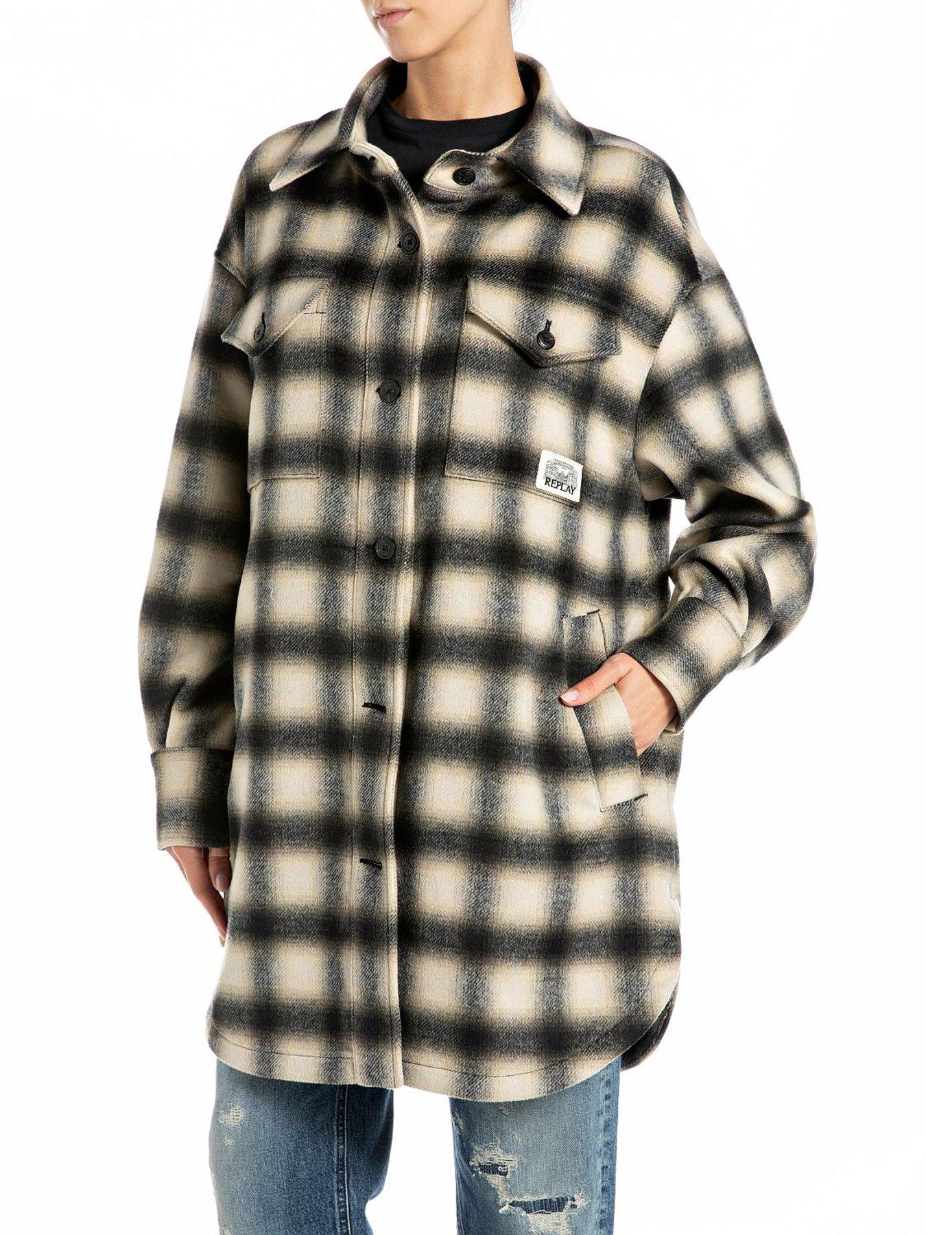 undefined Wool Blend Check Shacket - Black