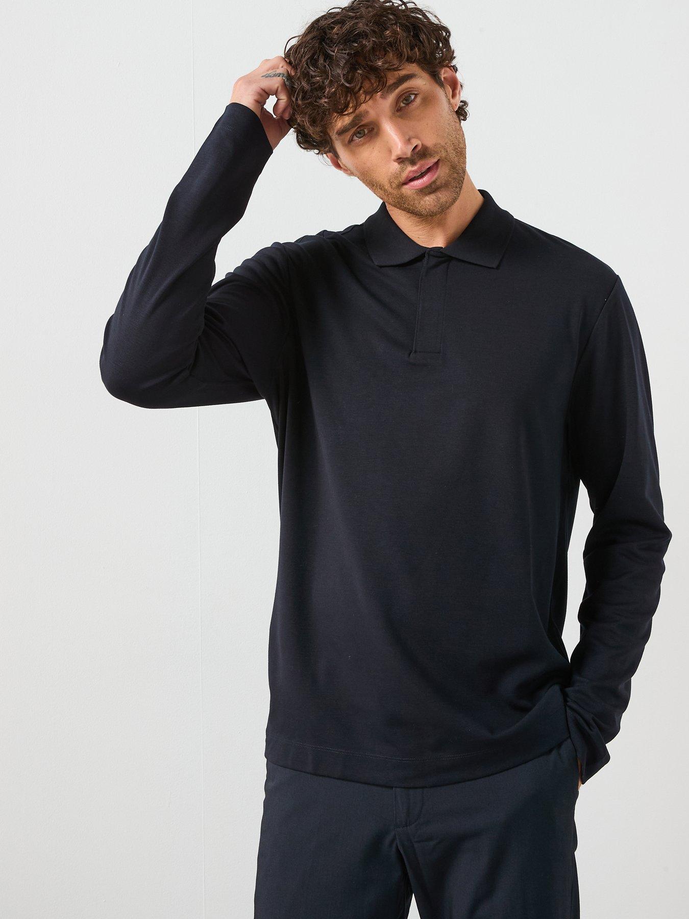 Mango Gareth Concealed Placket Long Sleeve Polo Shirt - Navy