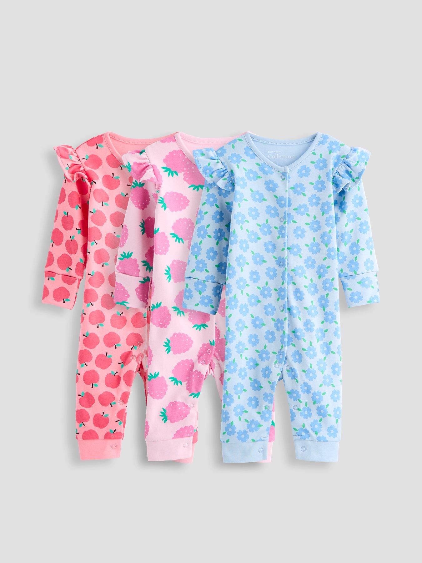 Image 1 of 6 of The Very Collection Frill Sleeve Fruit Print 3 Pack Sleepsuits - Multi