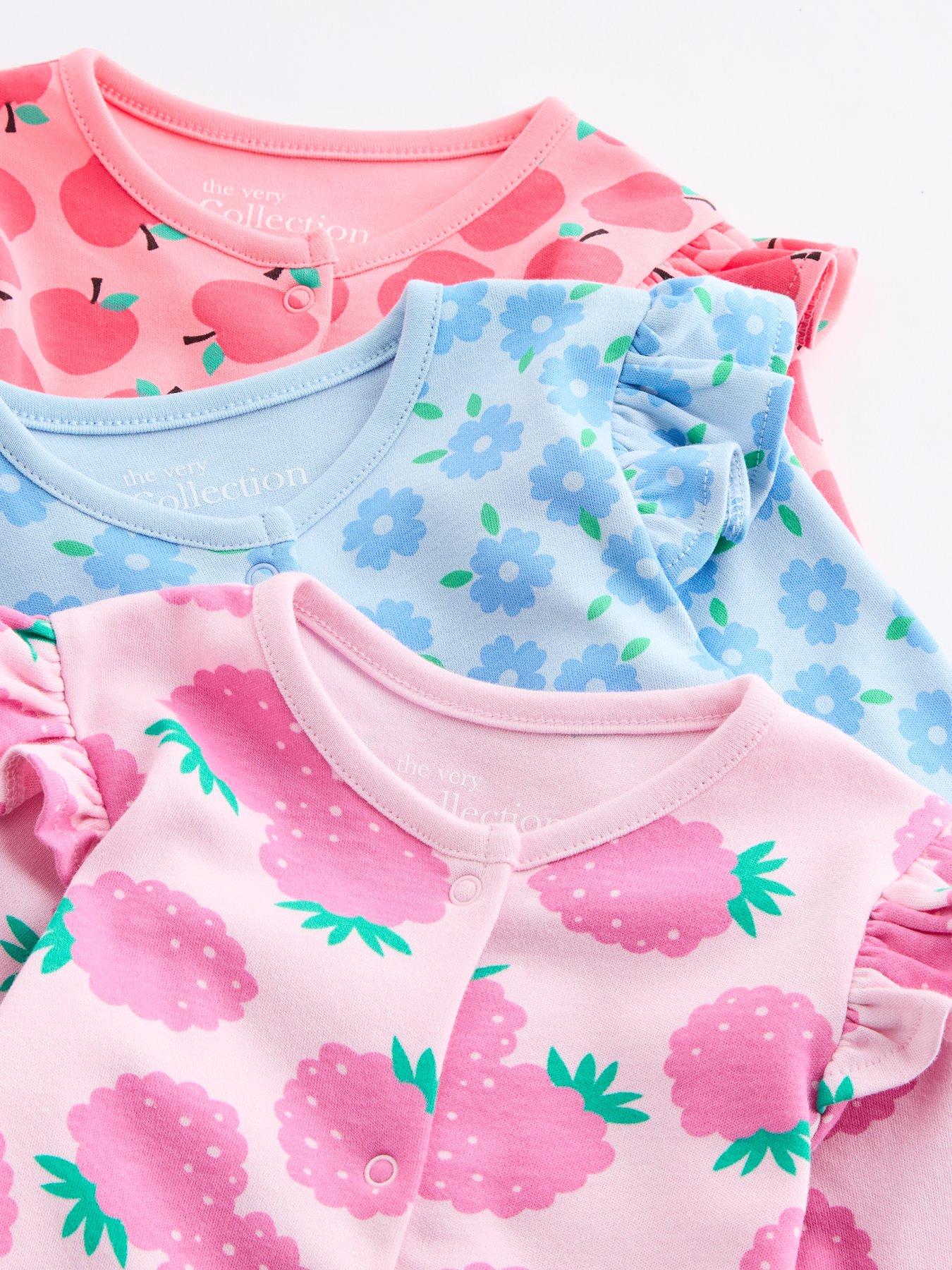 Image 5 of 6 of The Very Collection Frill Sleeve Fruit Print 3 Pack Sleepsuits - Multi