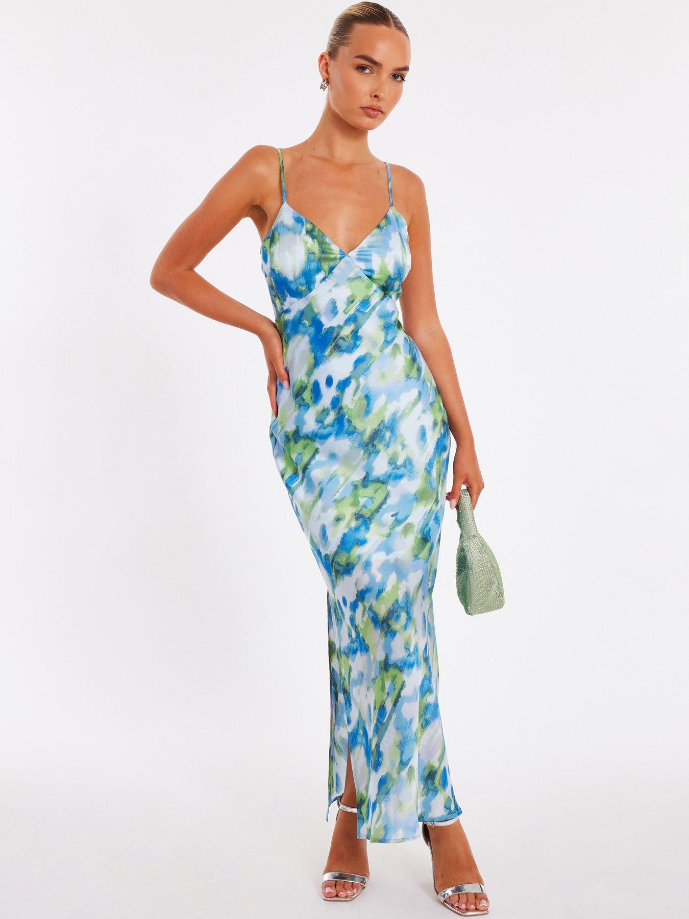 undefined Blue Satin Marble Midaxi Dress