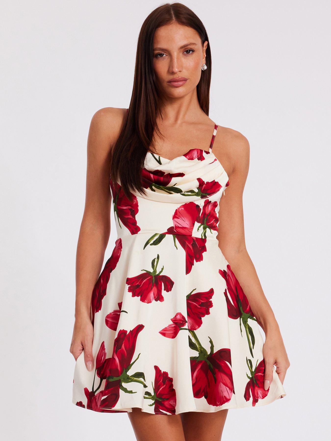 undefined Cream Satin Rose Print Mini Dress