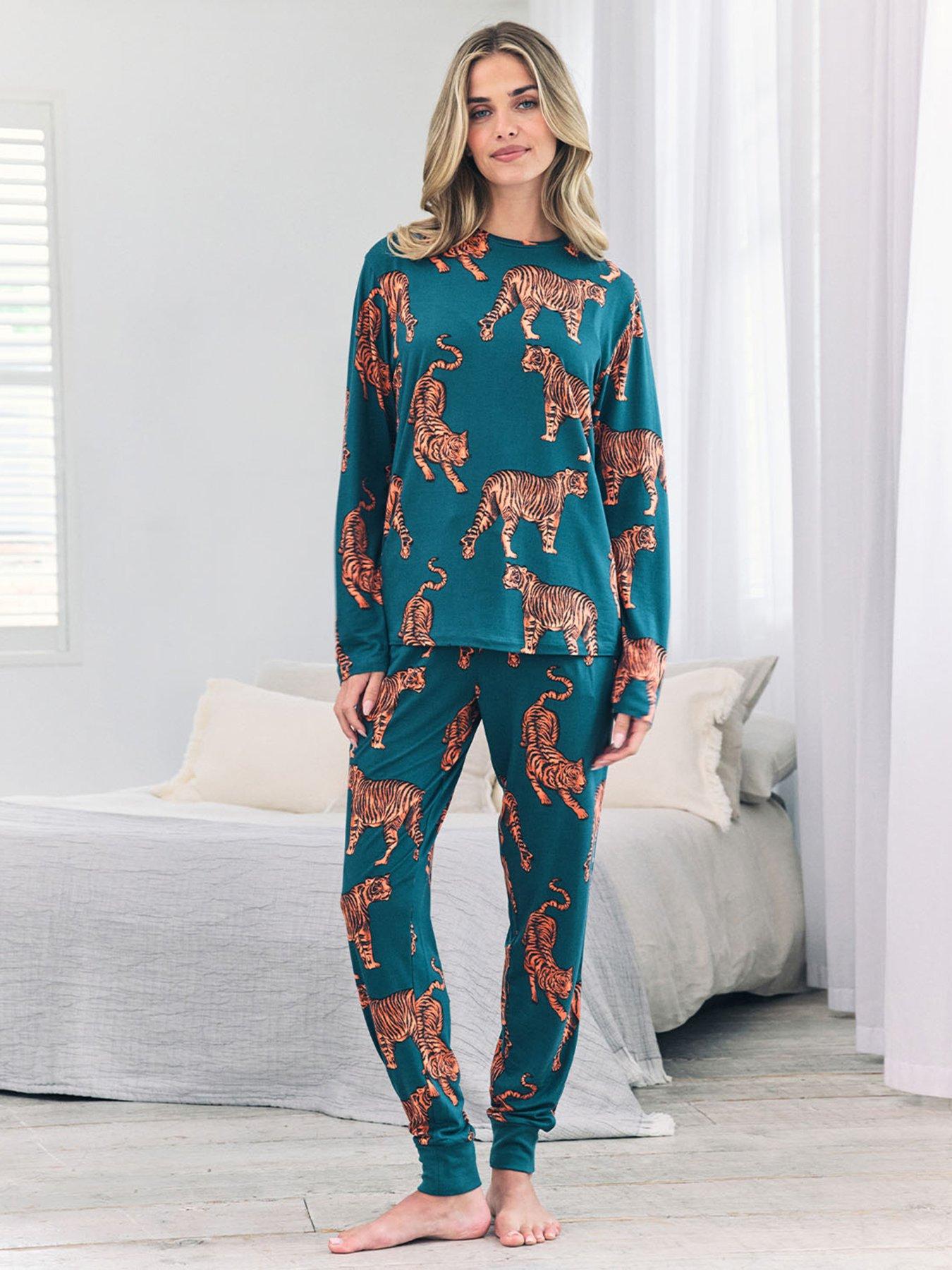 undefined Long Sleeve Crew Neck Set With Tiger Print In Polyester - Teal