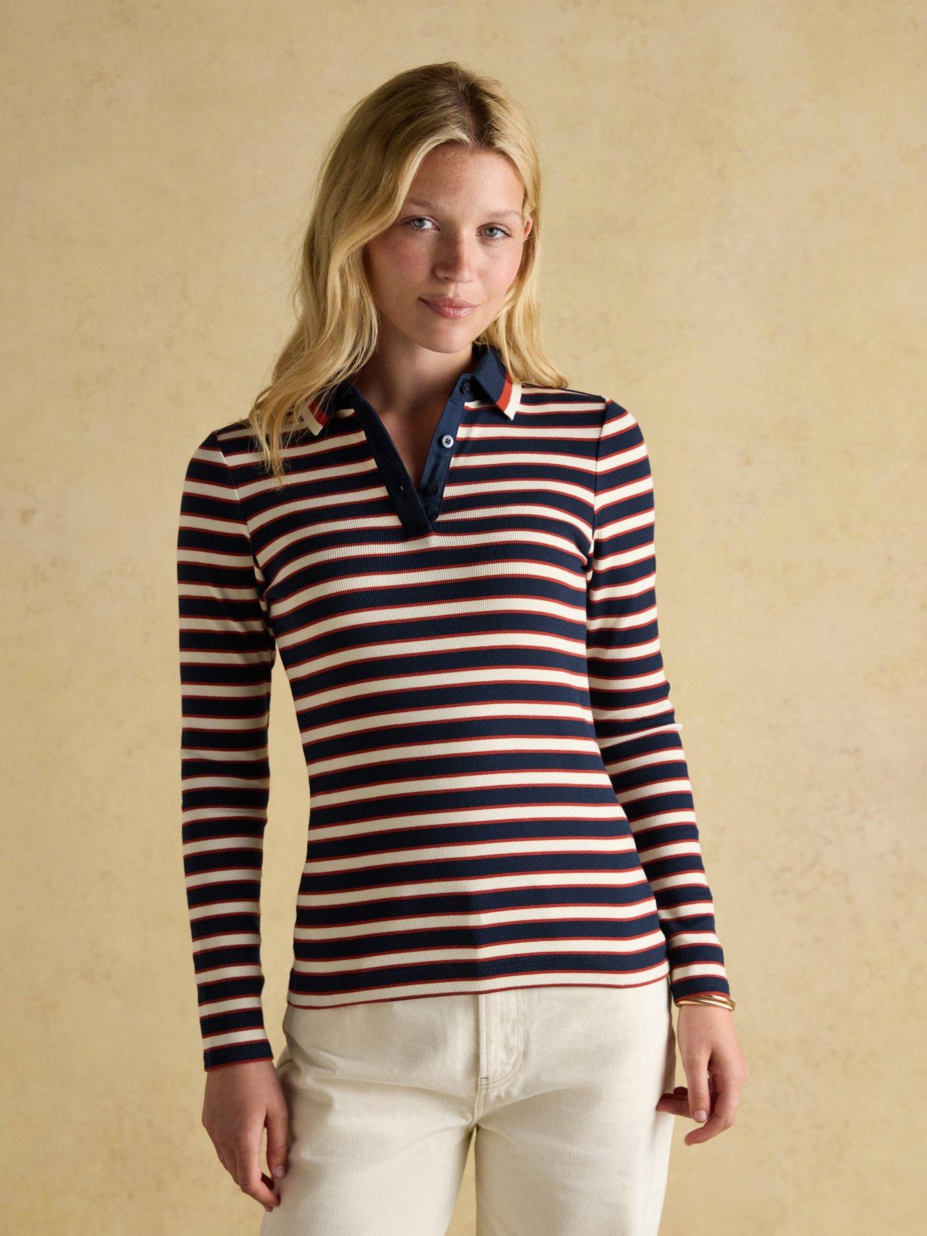 undefined Ribbed Long Sleeve Striped Polo Shirt - Navy/Red