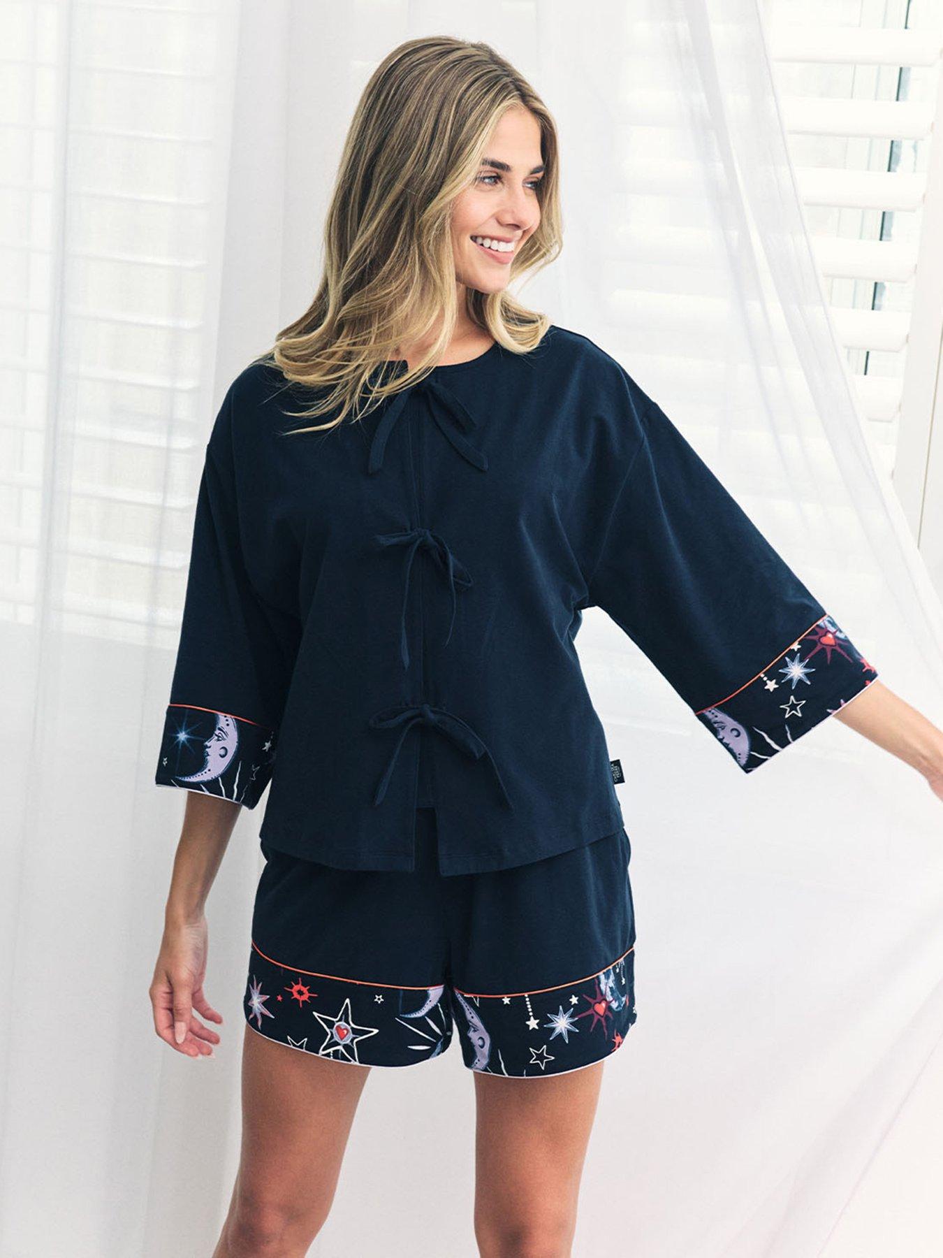 undefined Tie Front Kimono Sleeve With Boxer Short Set - Navy