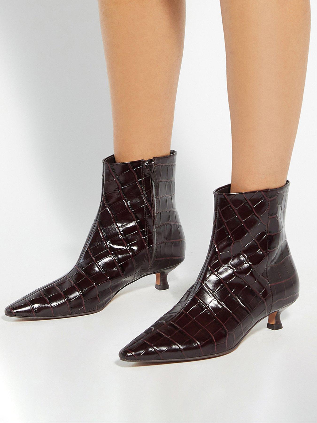Dune London Odore Leather Croc Kitten Heel Ankle Boot - Brown