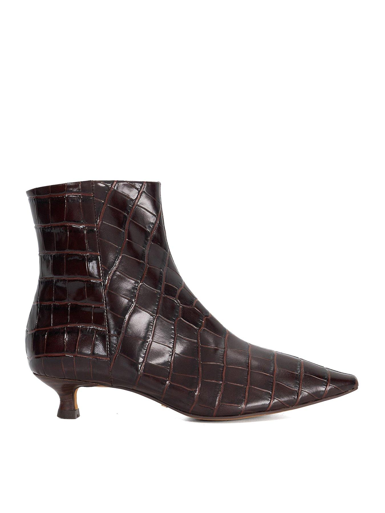 Dune London Odore Leather Croc Kitten Heel Ankle Boot - Brown