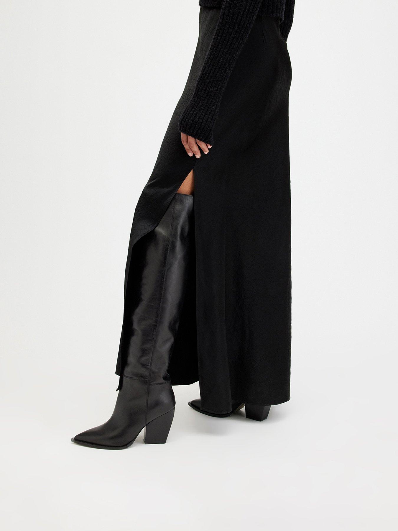 Image 2 of 6 of AllSaints Reina Over The &nbsp;Knee Leather Boots - Black