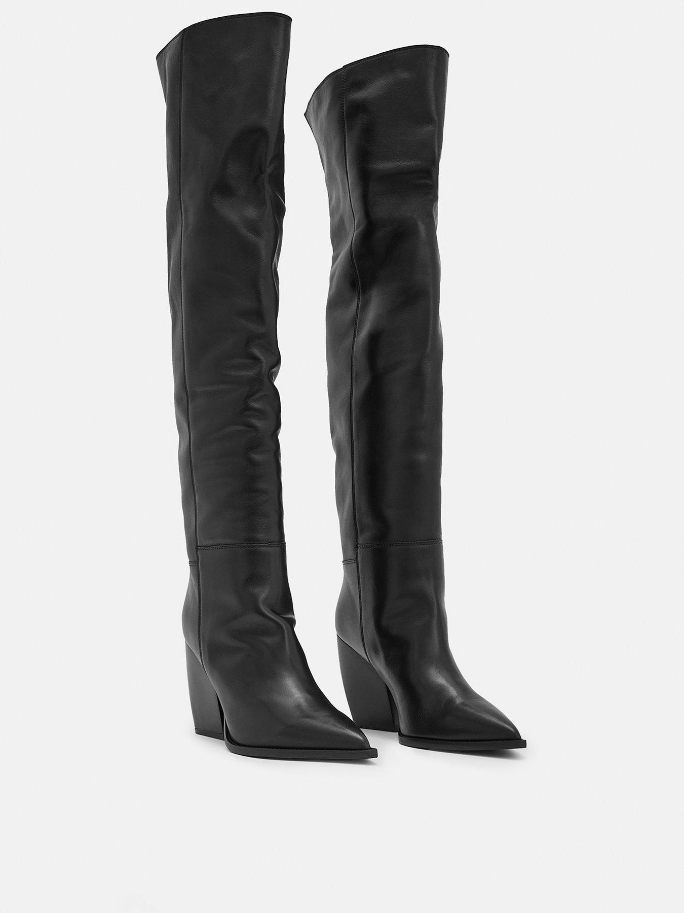 Image 3 of 6 of AllSaints Reina Over The &nbsp;Knee Leather Boots - Black