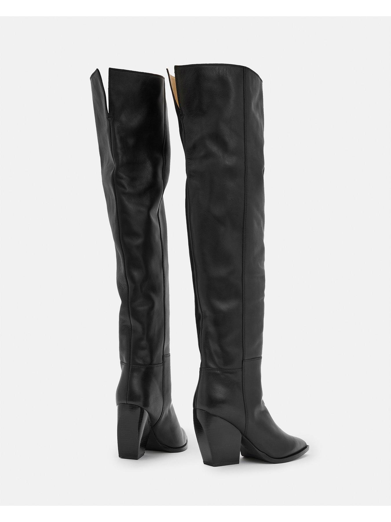 Image 5 of 6 of AllSaints Reina Over The &nbsp;Knee Leather Boots - Black