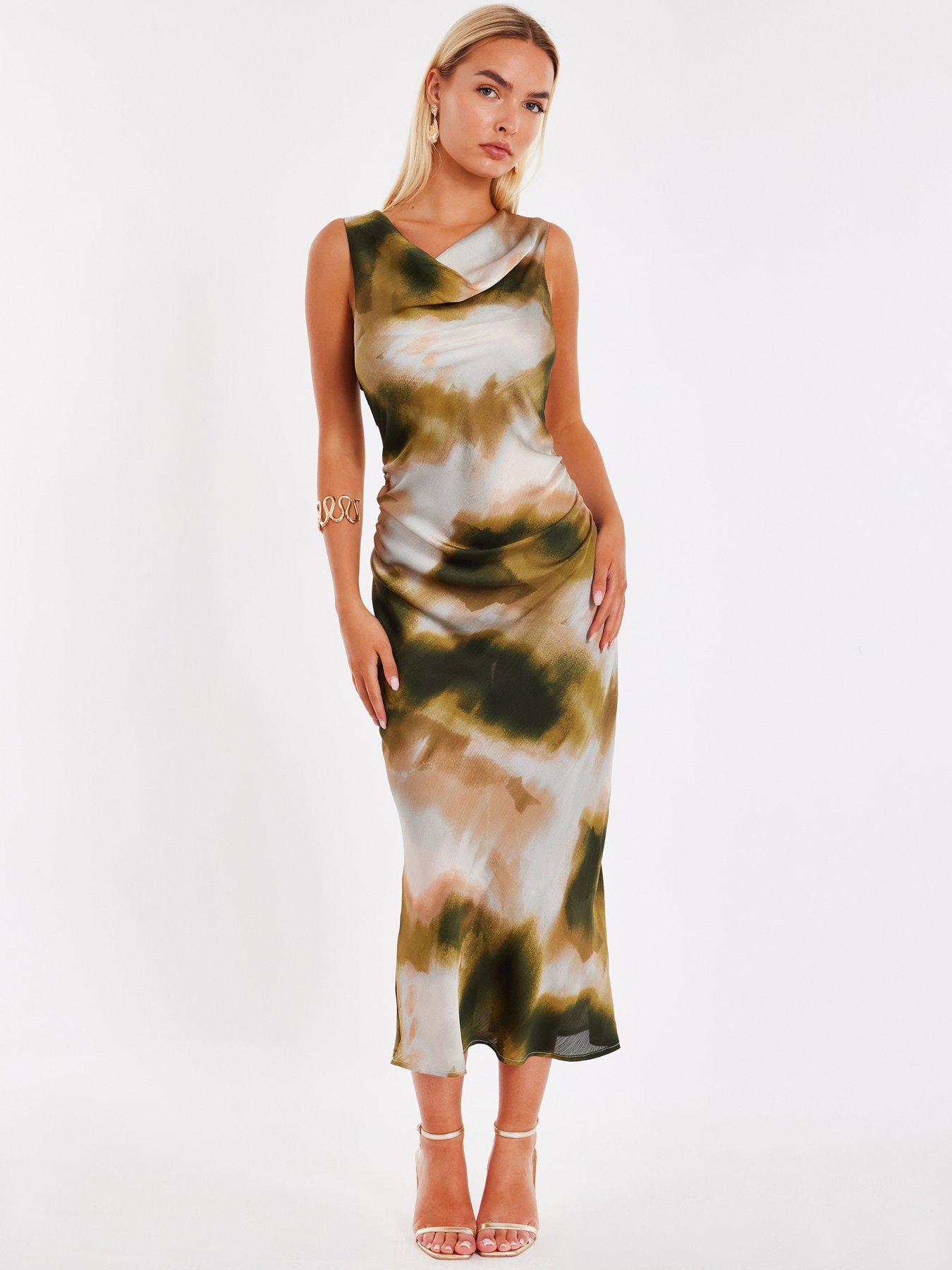 undefined Khaki Satin Tie Dye Midaxi Dress
