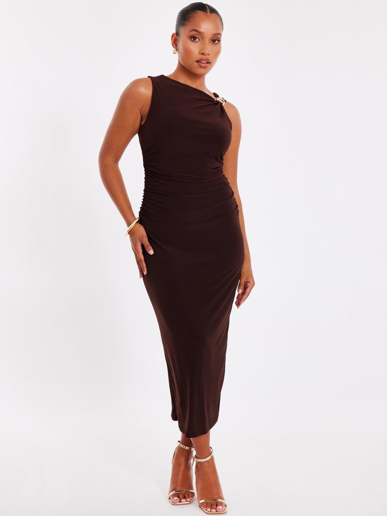 undefined Petite Brown Gold Buckle Midaxi Dress