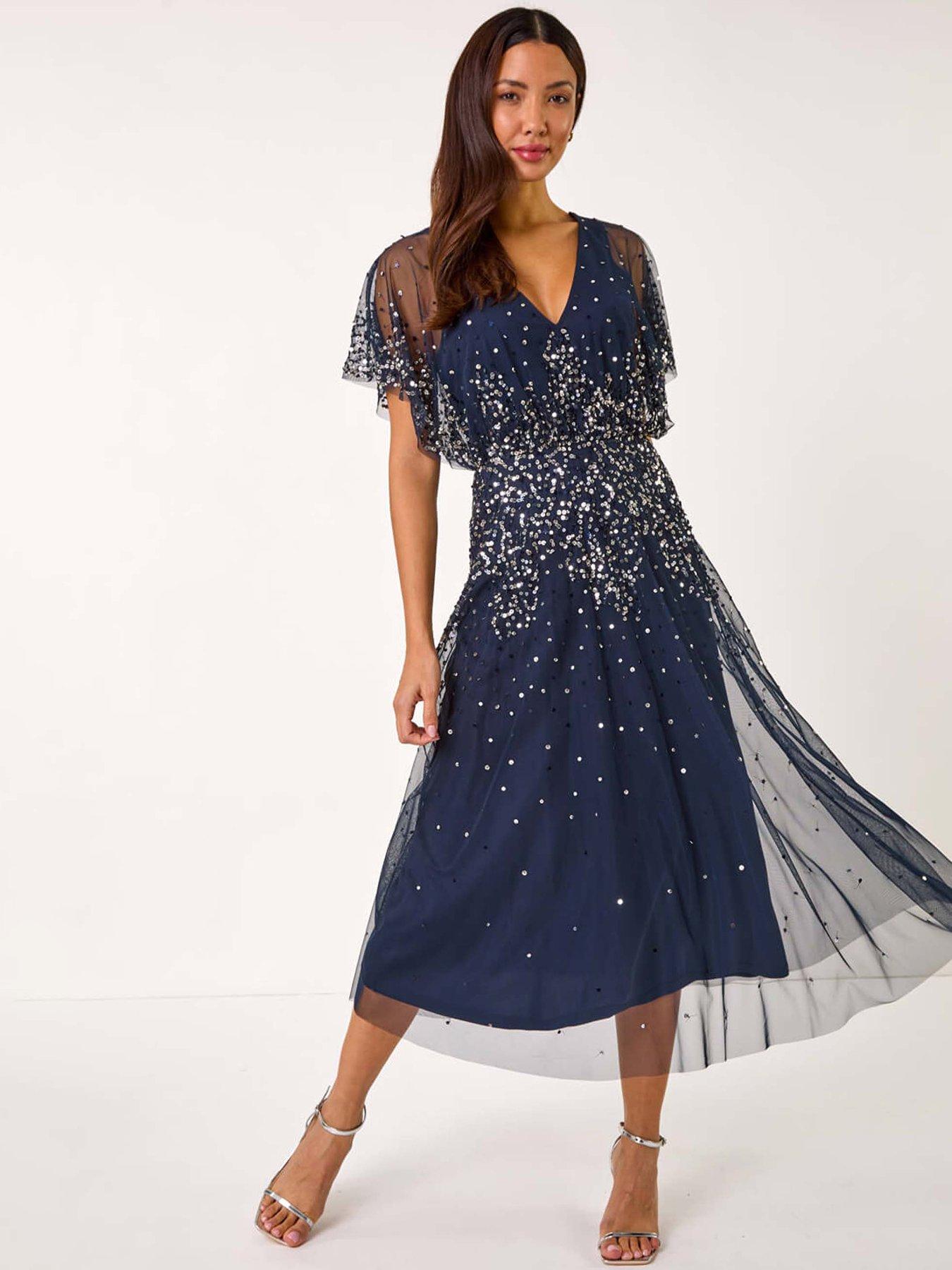 Roman Embellished Angel Sleeve Midi Dress - Navy