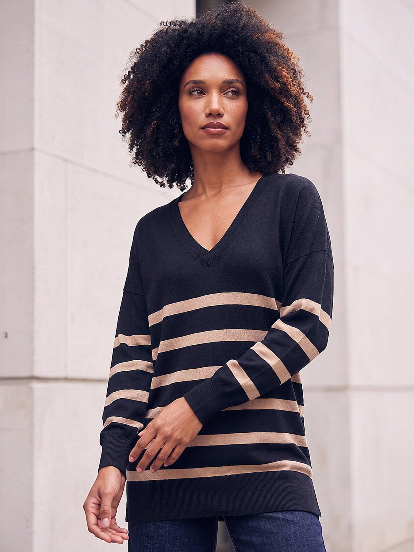 Roman Women's Stripe V-Neck Boyfriend Knit Jumper in Black | Size: 20 - Image 3
