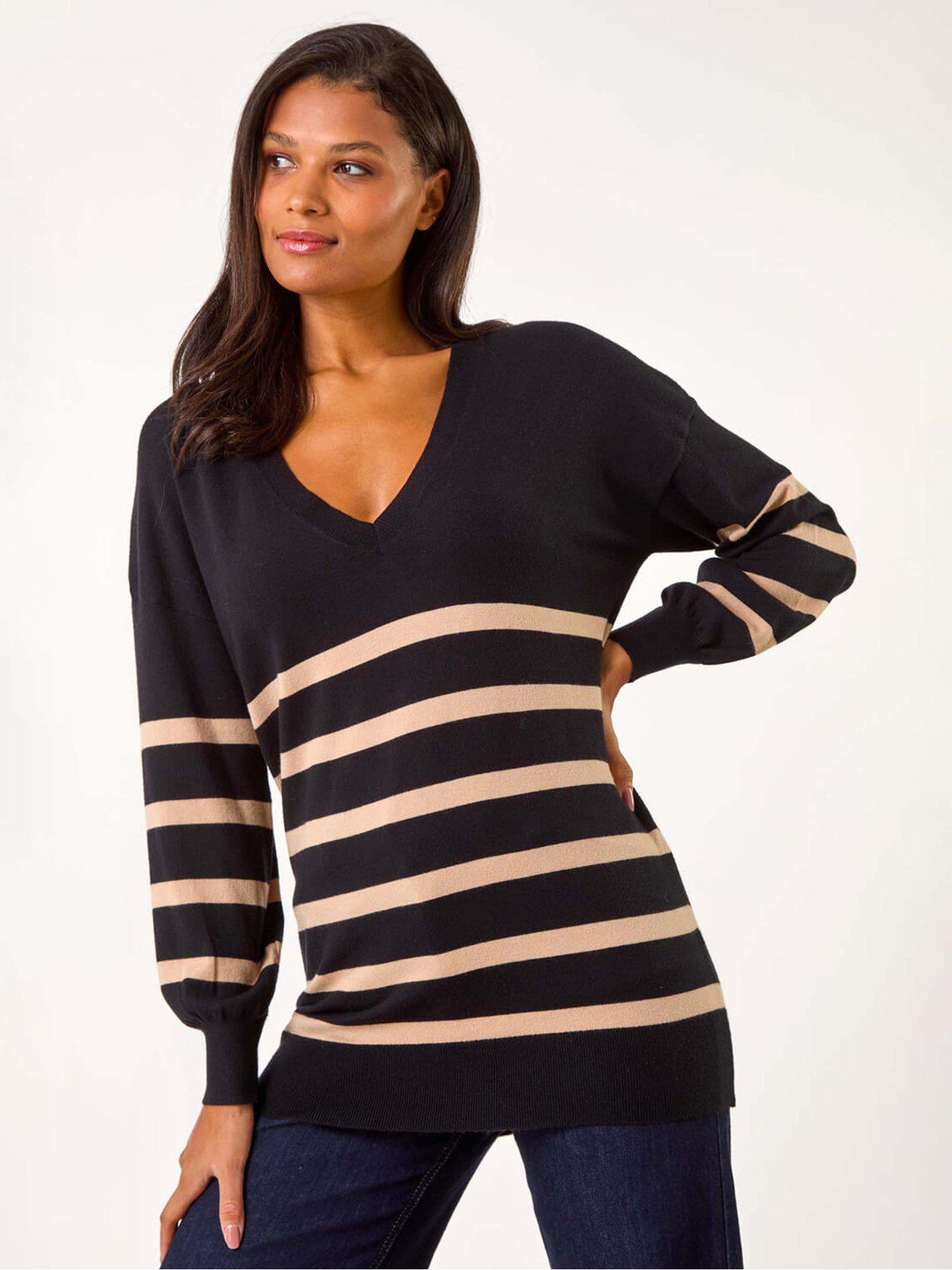 Roman Stripe V-neck Boyfriend Knit Jumper - Black