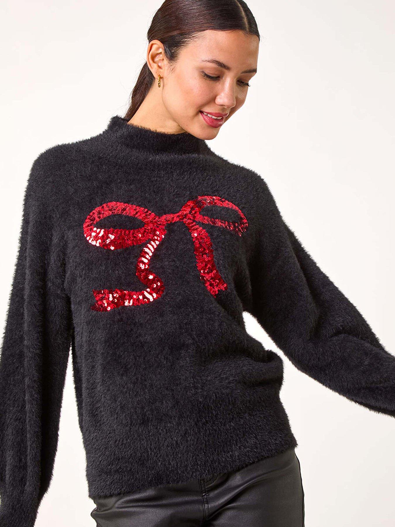 Roman Festive Sequin Bow Knit Jumper - Black