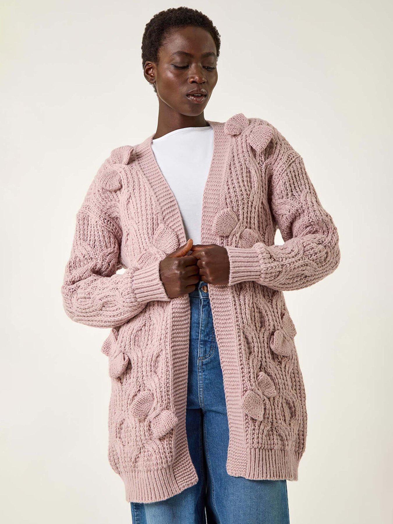 Roman Bow Embellished Knit Cardigan - Light Pink