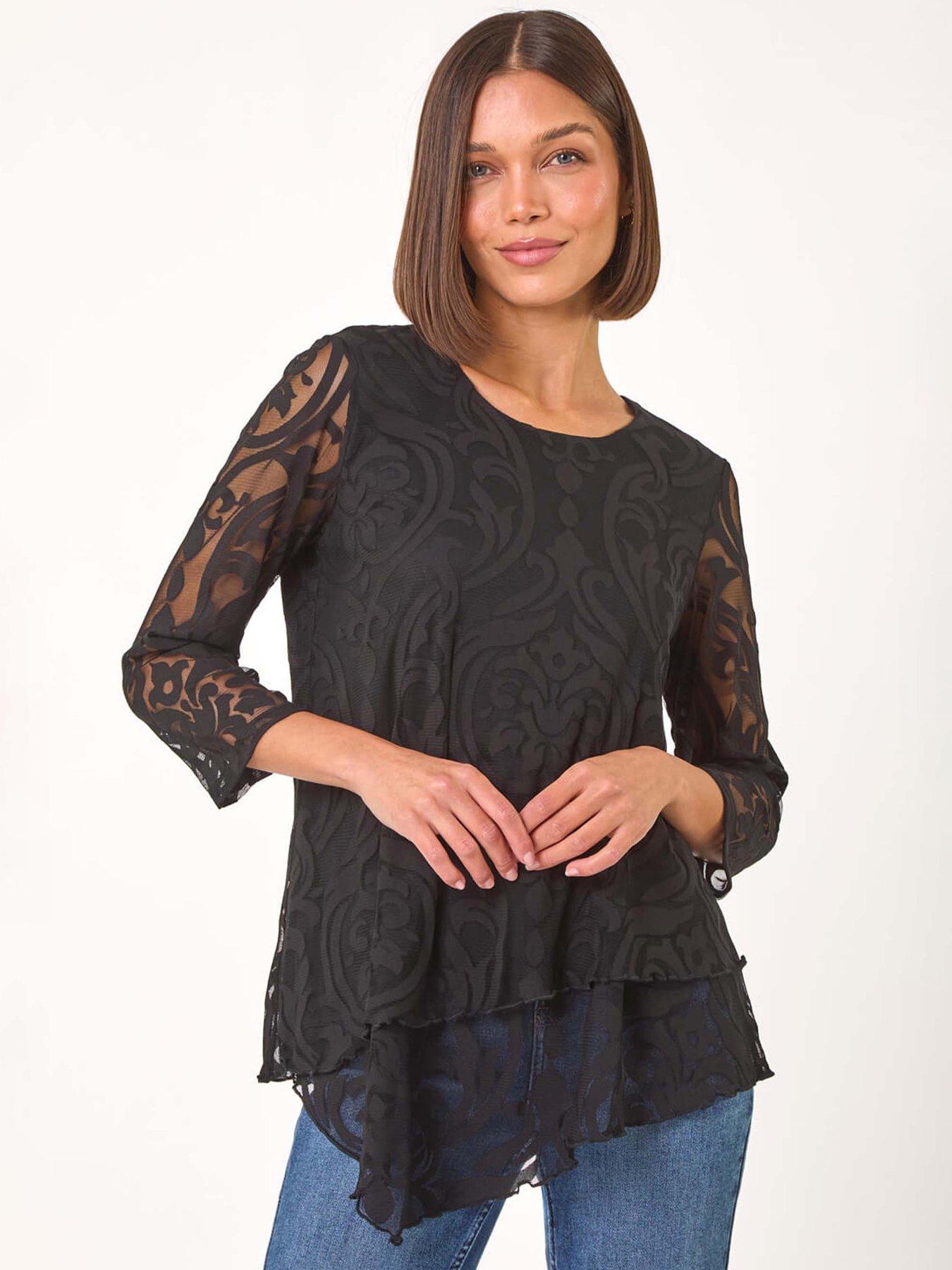 Roman Burnout Print Asymmetric Stretch Top - Black