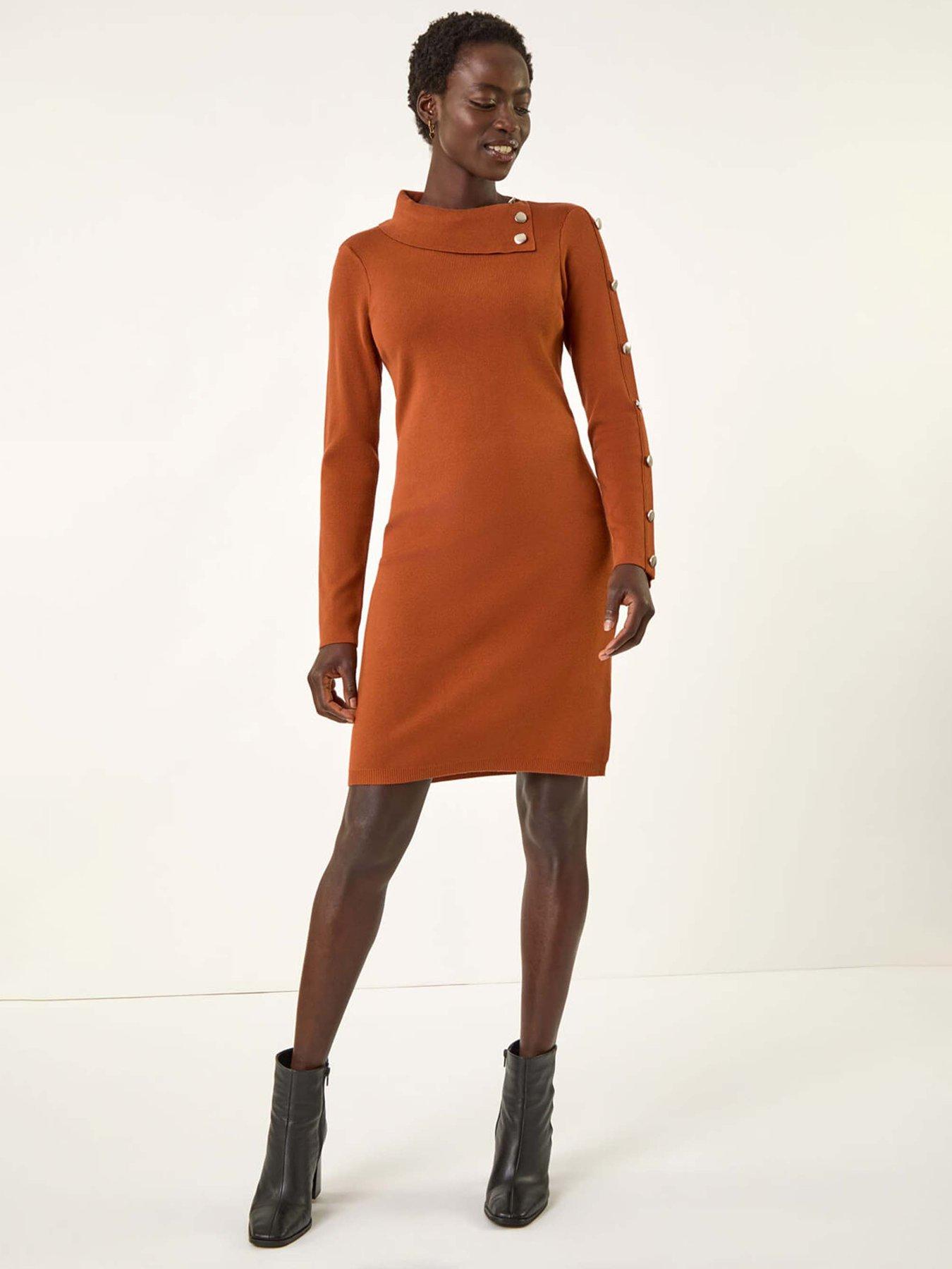 knitted roll neck jumper dress Roman Button Detail - Copper global-season-PF25