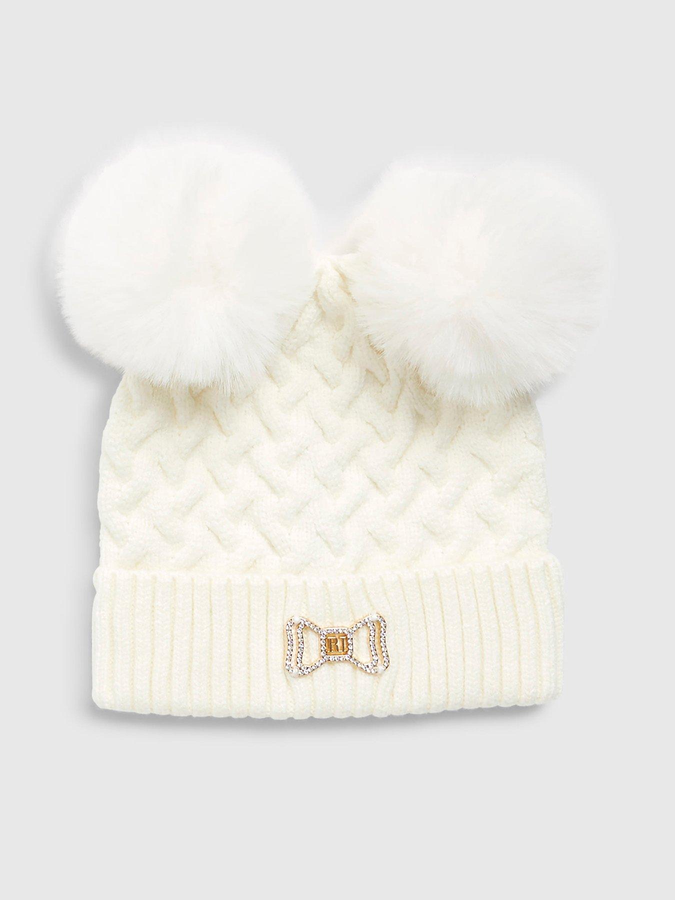 River Island Mini Girls Double Pom Beanie - Cream
