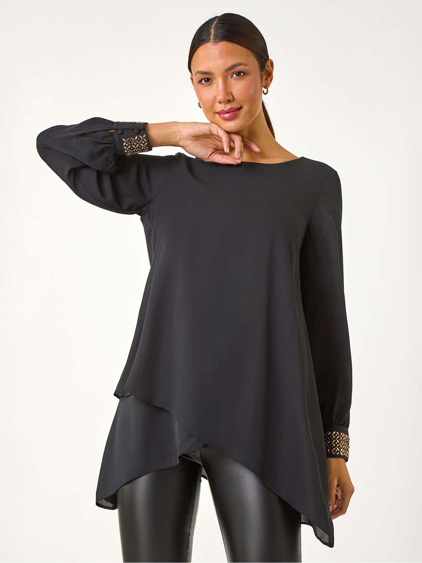 Roman Embellished Detail Layered Top - Black