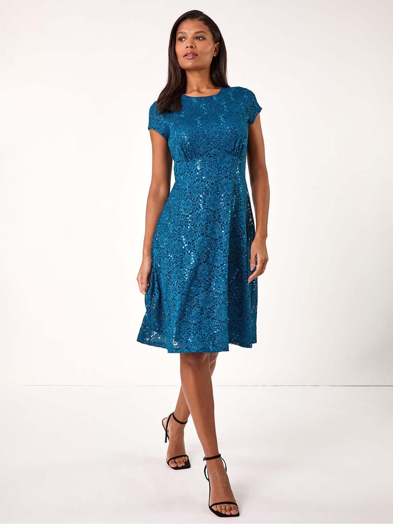 Roman Sequin Fluted Hem Lace Stretch Dress - Teal
