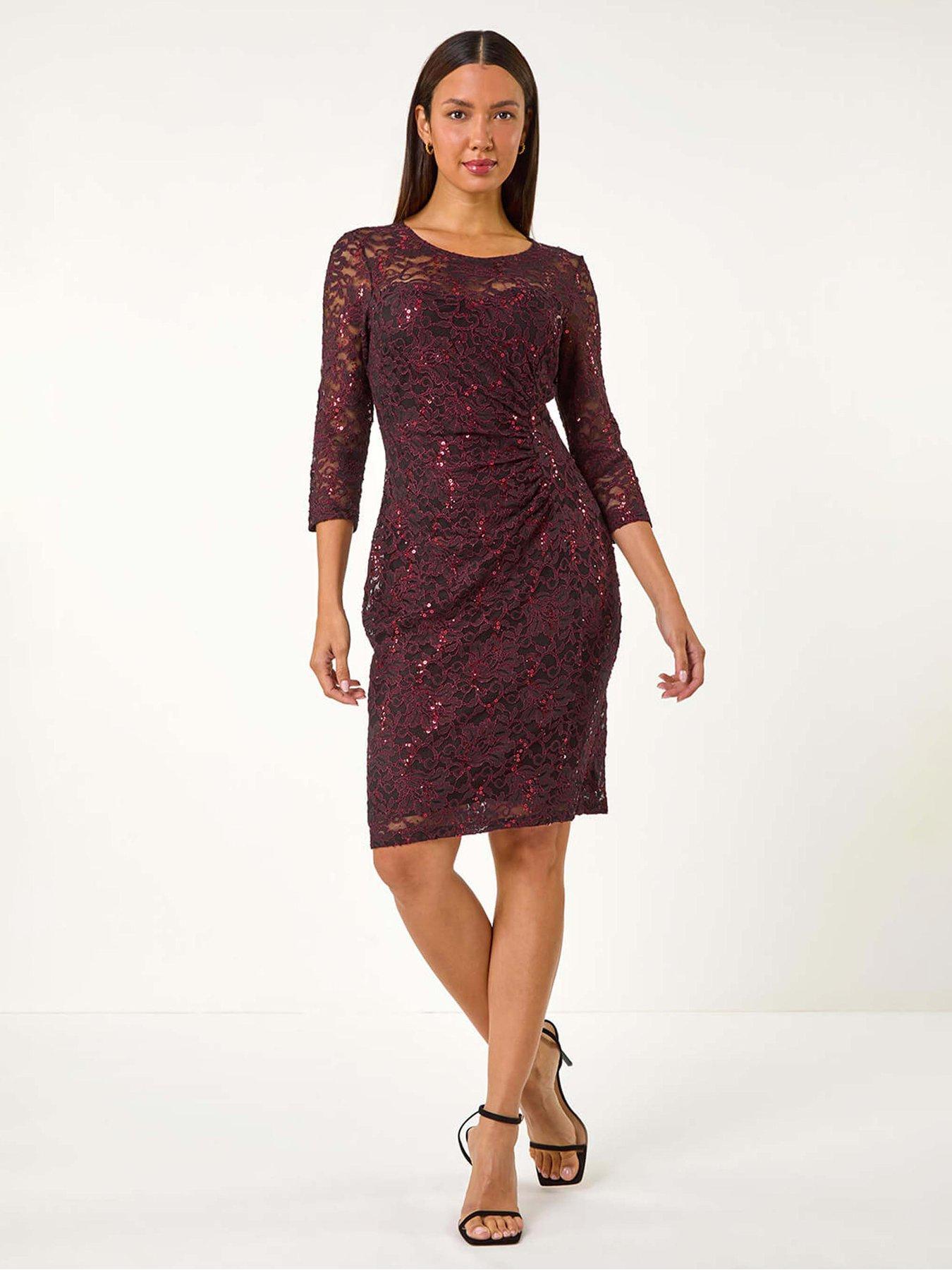 chinese dress ladies Roman Twist Neck Lace Midi Stretch Dress for Women UK - Ladies Autumn  Everyday Winter Holiday Keyhole Detail Comfy Long Sleeve Soft Bodycon Frock  Dinner Date Gowns - Black