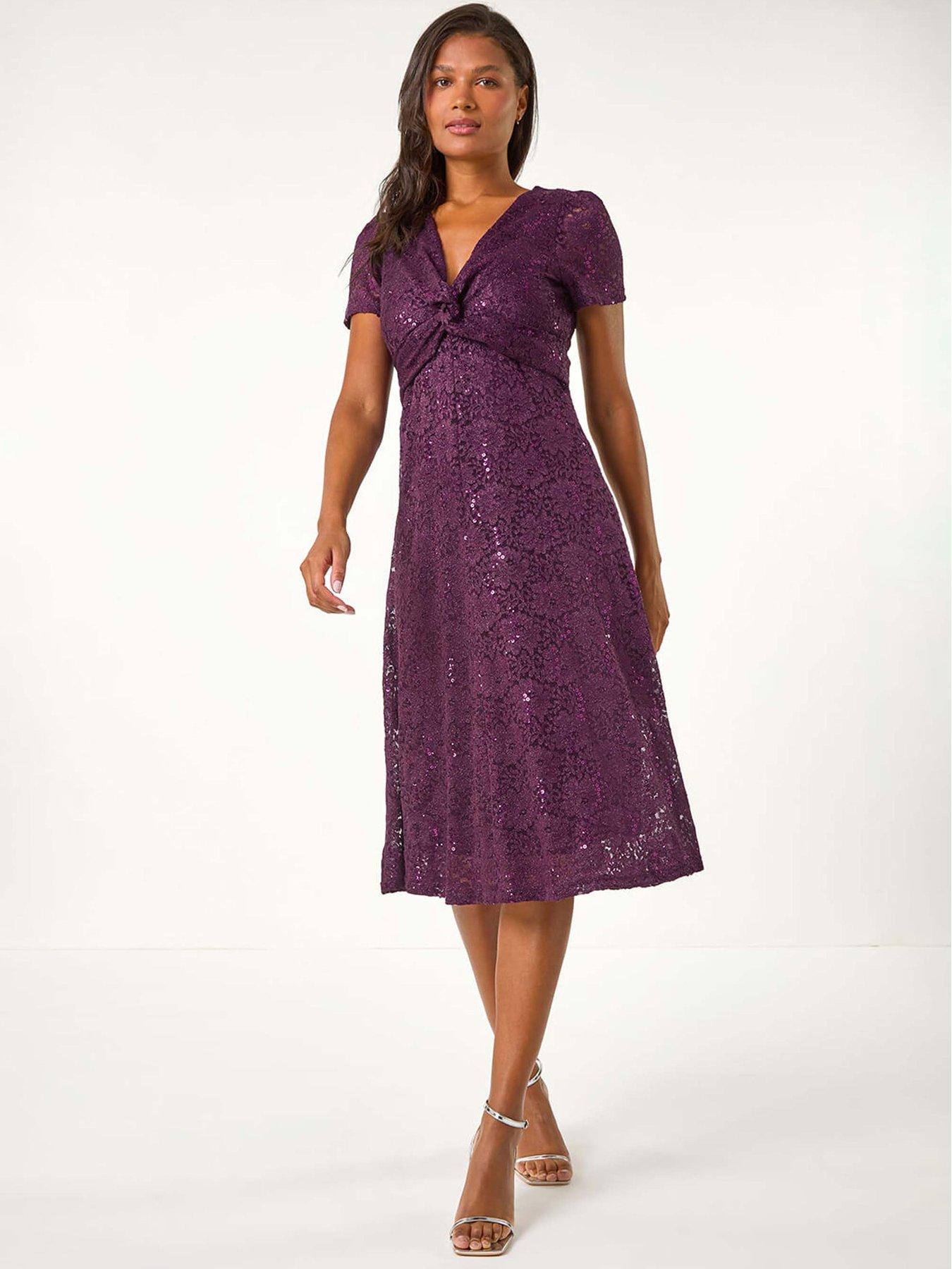 Roman Sequin Lace Twist Front Midi Dress - Purple