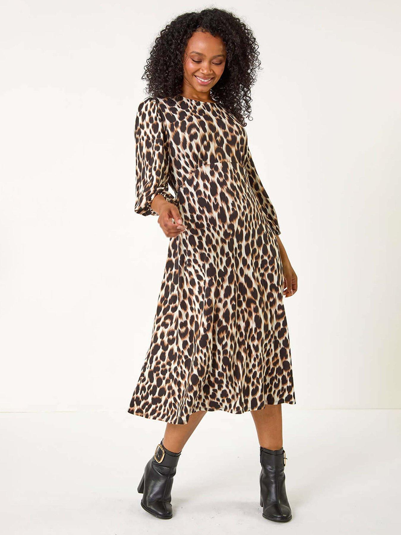 Roman Petite Animal Print Stretch Midi Dress - Black