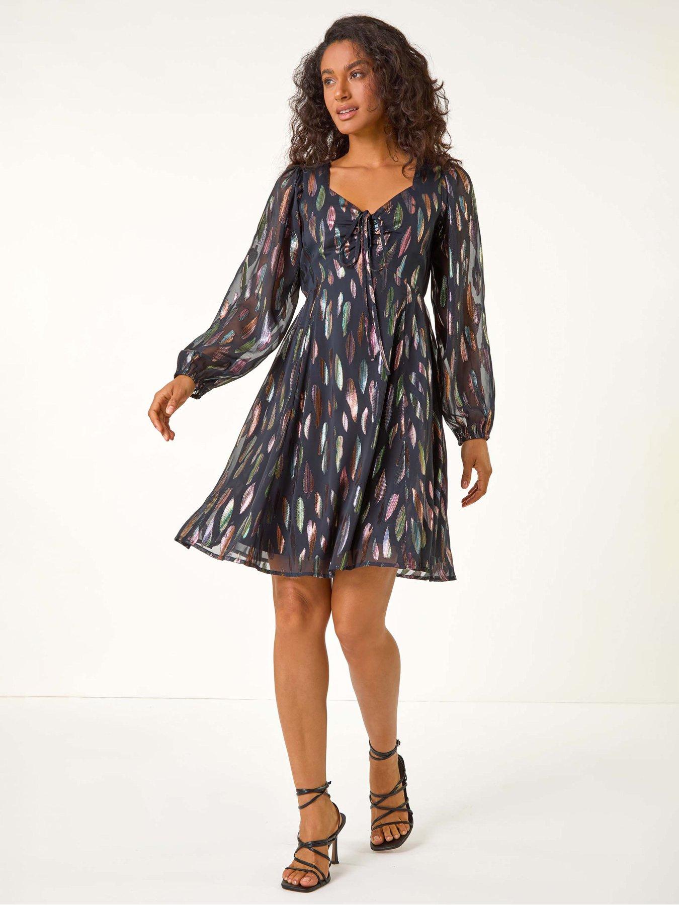 Roman Foil Print Tie Front Fit & Flare Dress - Black